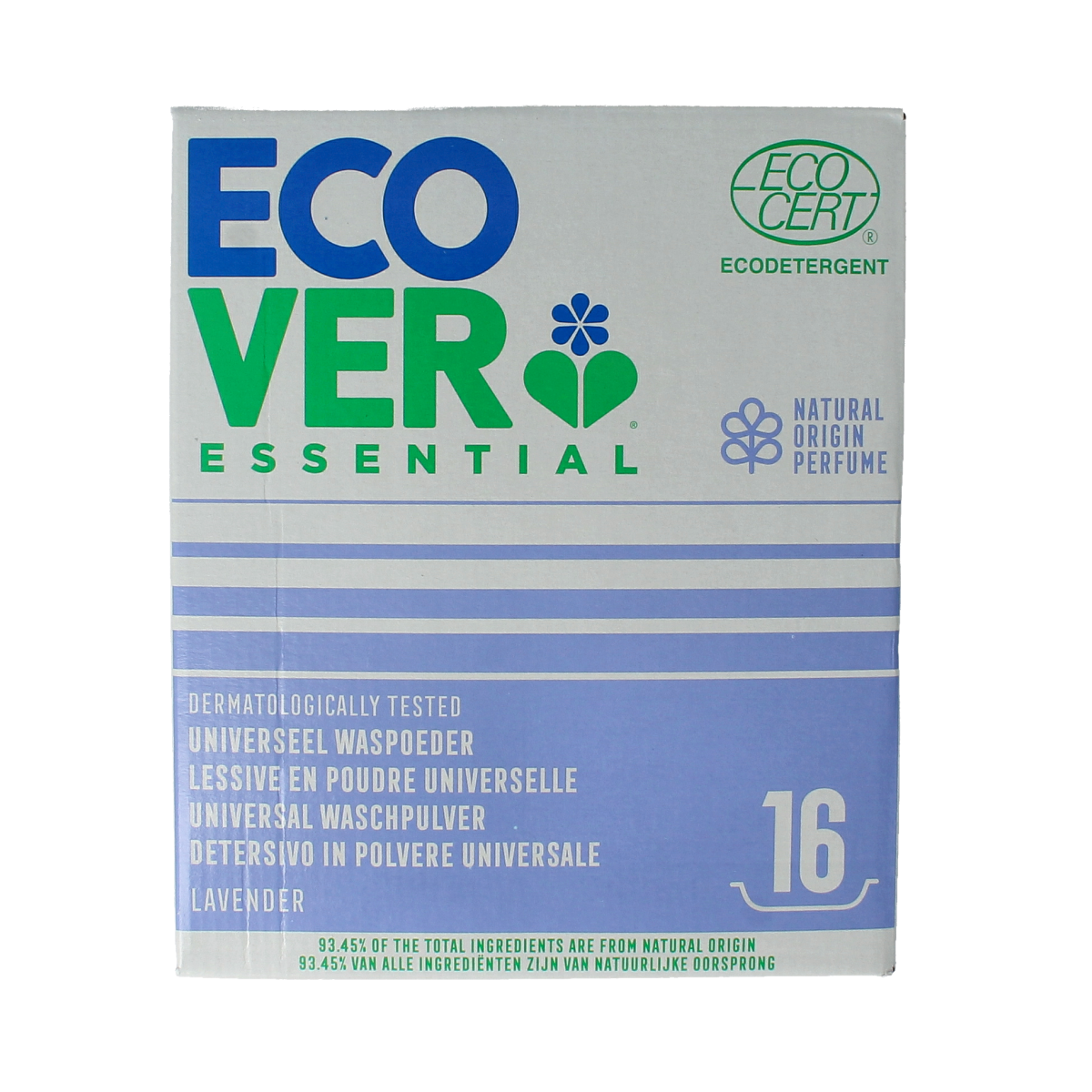 Ecover Essential universal laundry powder in 1200g pack, eco-friendly wasmiddelen with natural cleaning ingredients.