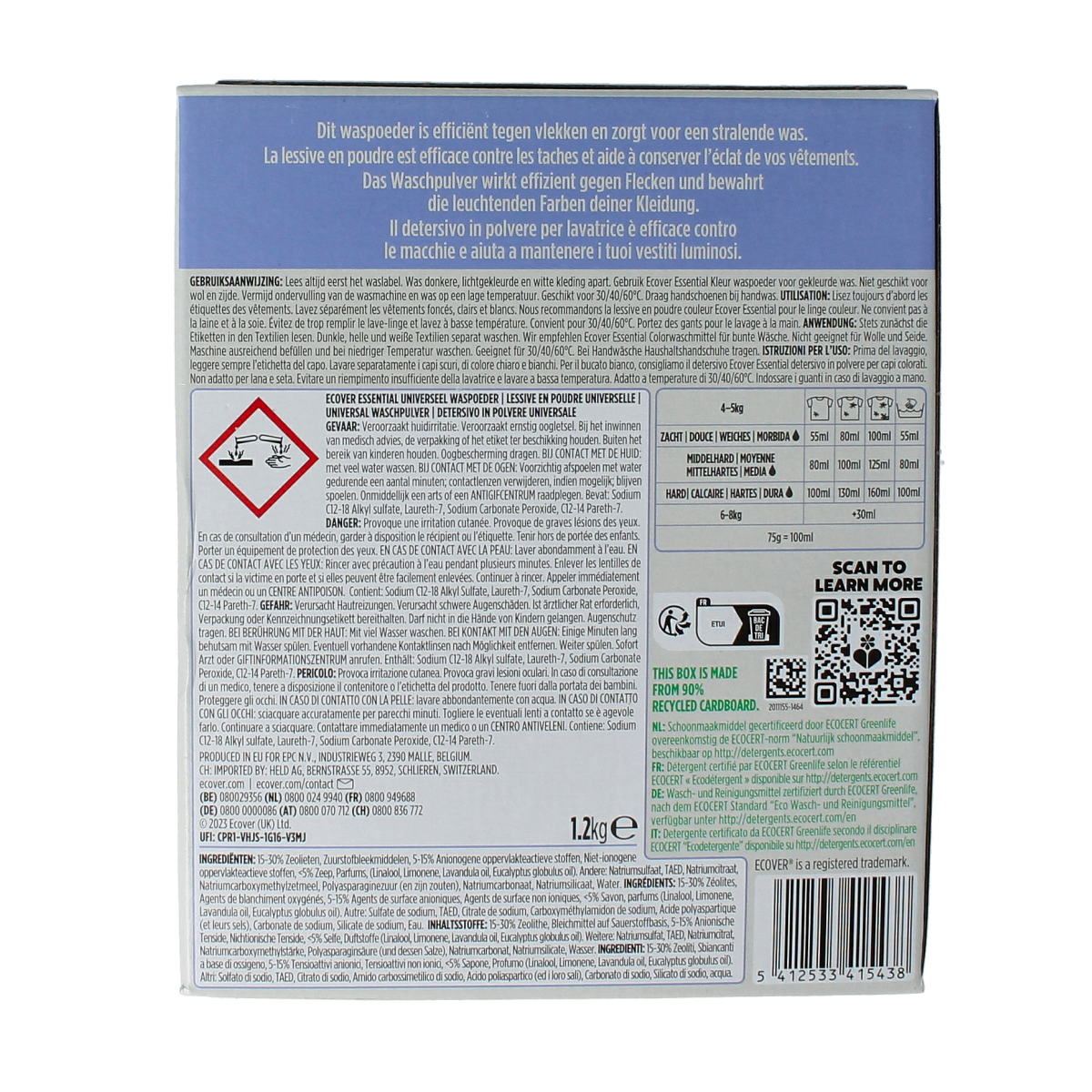Ecover Essential universal waspoeder in 1200g bag, natural laundry detergent with plant-based ingredients, for all types of fabrics.