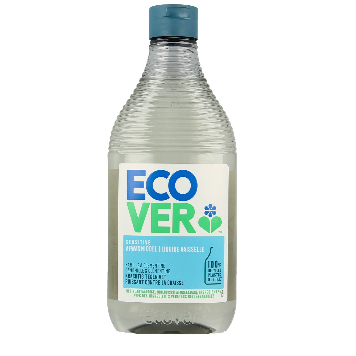 Ecover Afwasmiddel kamille en clementine in 450ml bottle, showing the label with botanical illustrations of chamomile and clementine.