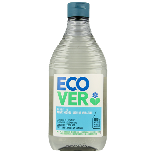 Ecover Afwasmiddel kamille en clementine in 450ml bottle, showing the label with botanical illustrations of chamomile and clementine.