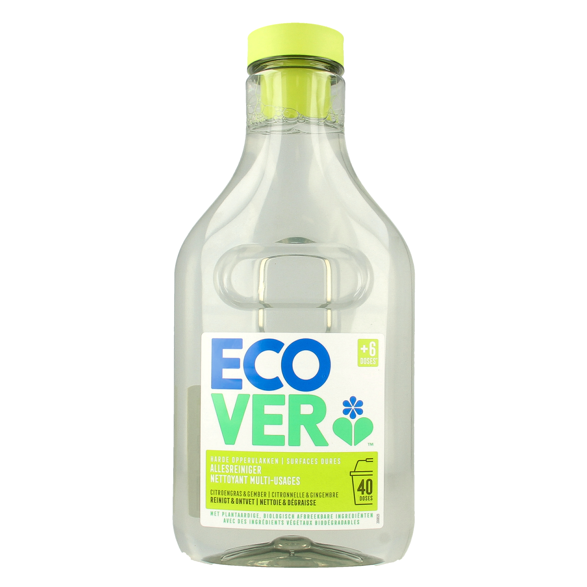 Ecover Allesreiniger met citroengras en gember in een 1-liter fles, geschikt voor schoonmaakartikelen.