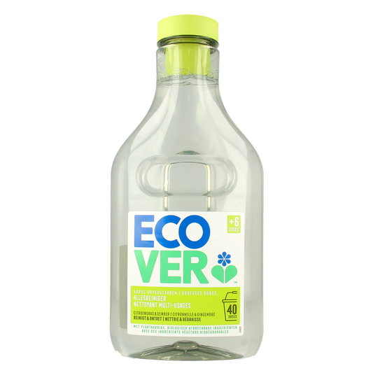 Ecover Allesreiniger met citroengras en gember in een 1-liter fles, geschikt voor schoonmaakartikelen.
