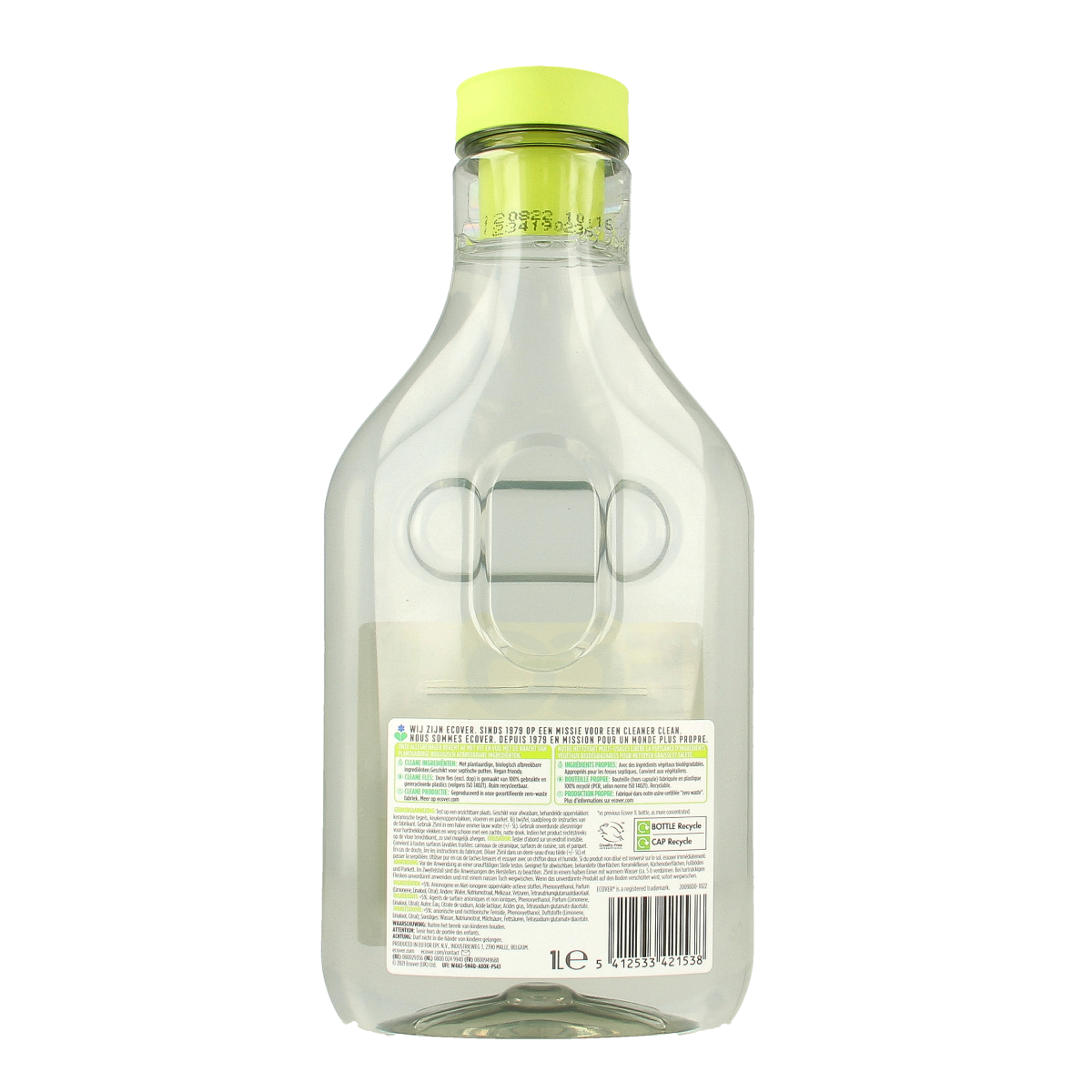 Ecover allesreiniger citroengras en gember in 1 liter fles, schoonmaakartikelen met natuurlijke geuren, groene en gele verpakking