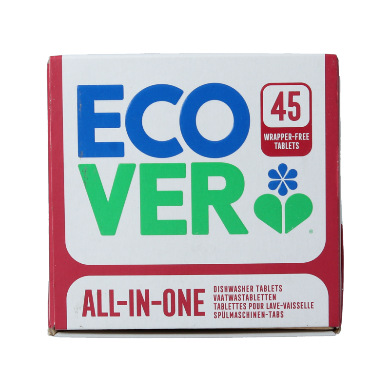 Ecover All-in-1 dishwasher tablets in a packet, eco-friendly dishwashing detergent for effective cleaning of dishes.