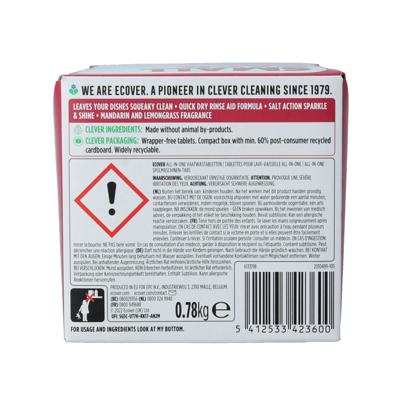 Ecover All-in-One dishwasher tablets in a box, eco-friendly dishwashing detergent for effective cleaning, 45 tablets.