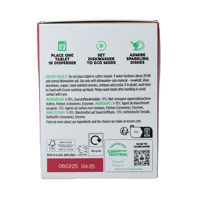 Ecover All-in-One dishwasher tablets in a box, eco-friendly dishwashing detergent for effective cleaning.