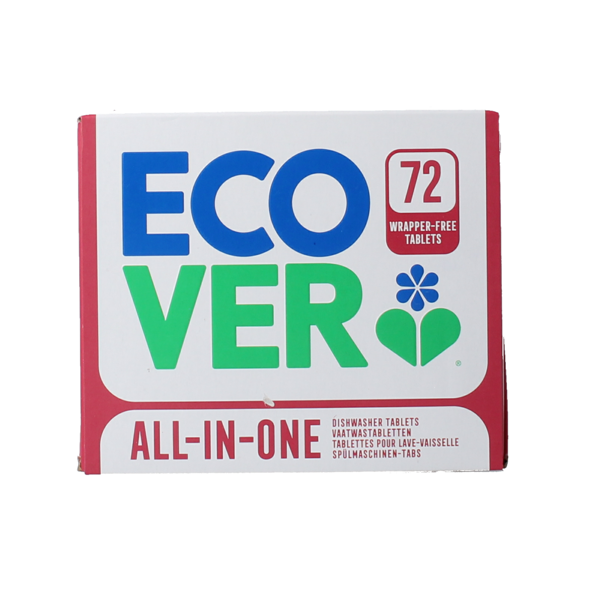 Ecover All-in-One dishwasher tablets, 72-count, eco-friendly dishwashing detergent in a transparent container with tablets visible inside.