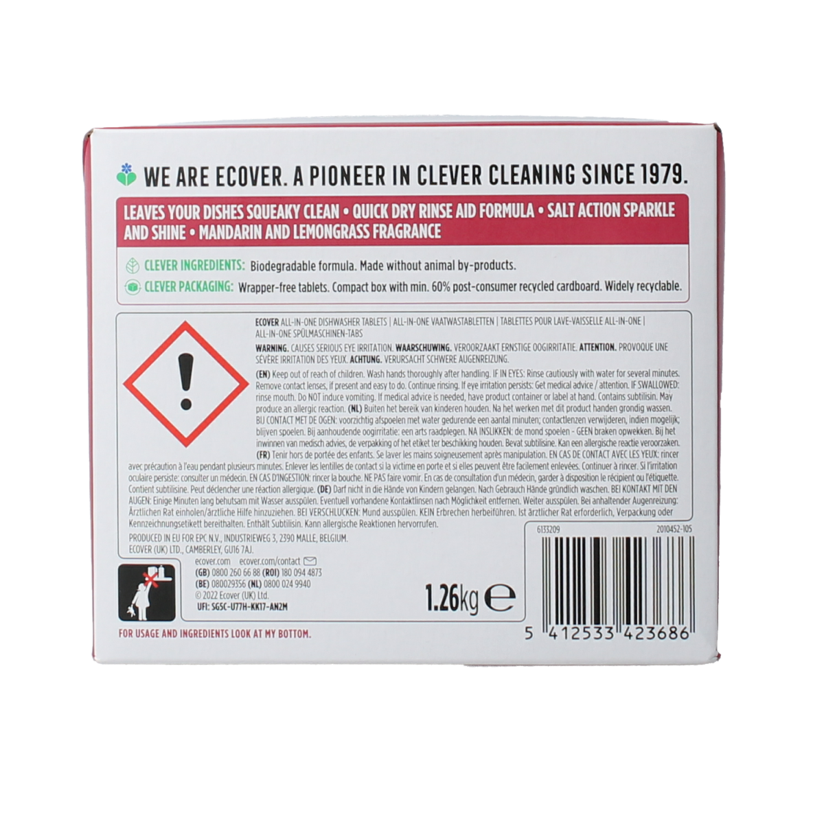 Ecover all-in-one dishwasher tablets, 72 count, in a box with green and white packaging, designed for effective cleaning.