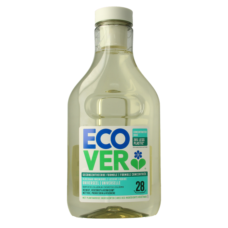 Ecover liquid universal laundry detergent in 1-liter bottle, eco-friendly washing liquid for all fabrics, featuring a clear label.