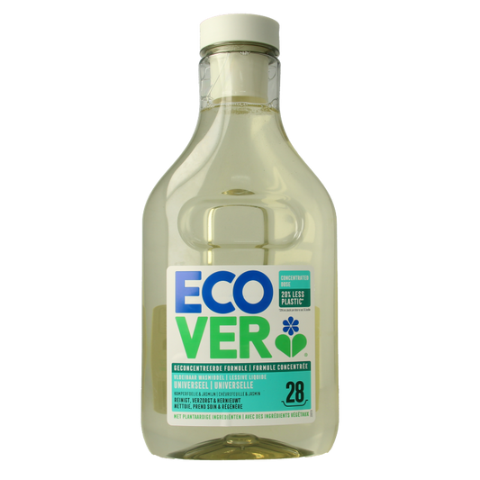 Ecover liquid universal laundry detergent in 1-liter bottle, eco-friendly washing liquid for all fabrics, featuring a clear label.