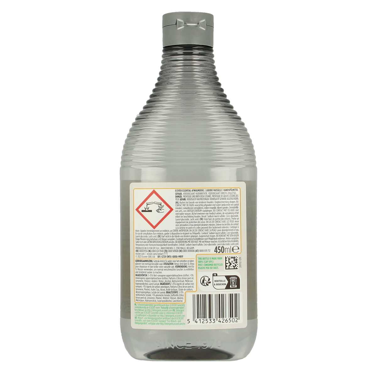 Ecover Essential lemon dish soap in 450ml bottle, eco-friendly liquid cleaner for dishes and kitchen use.