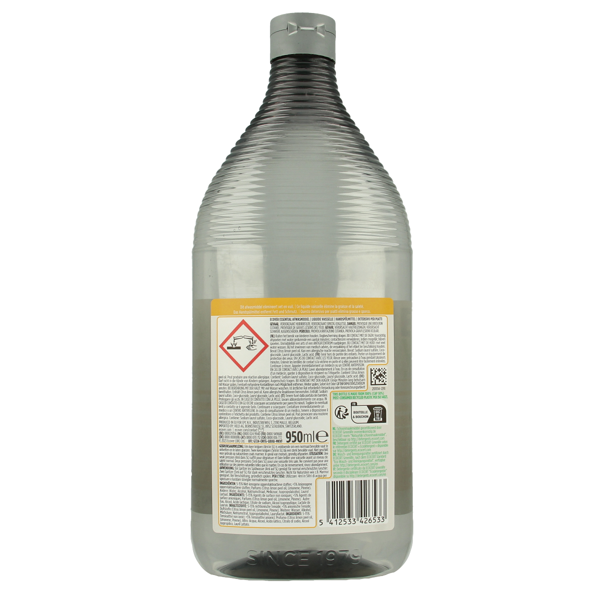 Ecover Essential lemon dish soap in 950ml bottle, eco-friendly kitchen cleaning product with lemon scent, for effective dishwashing