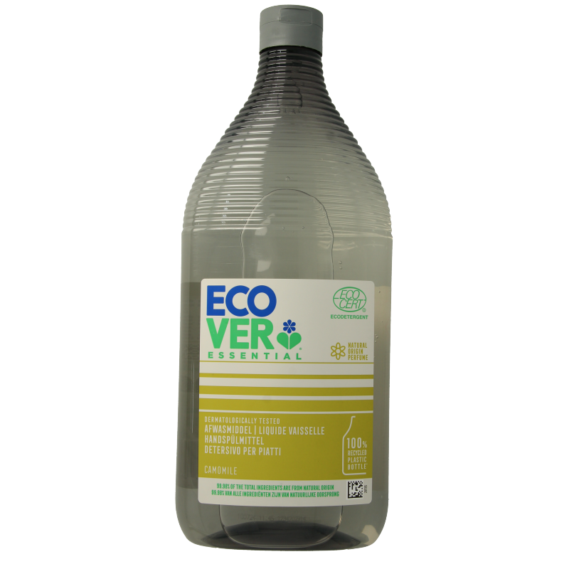 Ecover Essential chamomile dish soap in a 950ml bottle, featuring a yellow cap and label with chamomile illustrations.