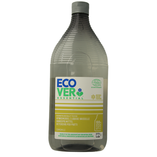 Ecover Essential chamomile dish soap in a 950ml bottle, featuring a yellow cap and label with chamomile illustrations.