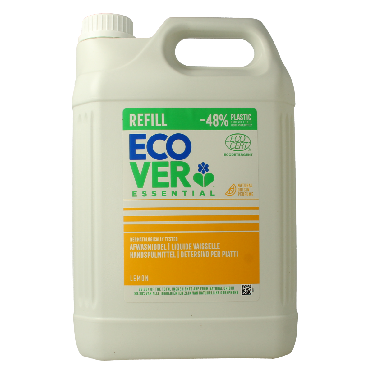 Ecover Essential lemon dish soap bottle for effective cleaning, 5-liter size, eco-friendly afwasmiddel with lemon scent.