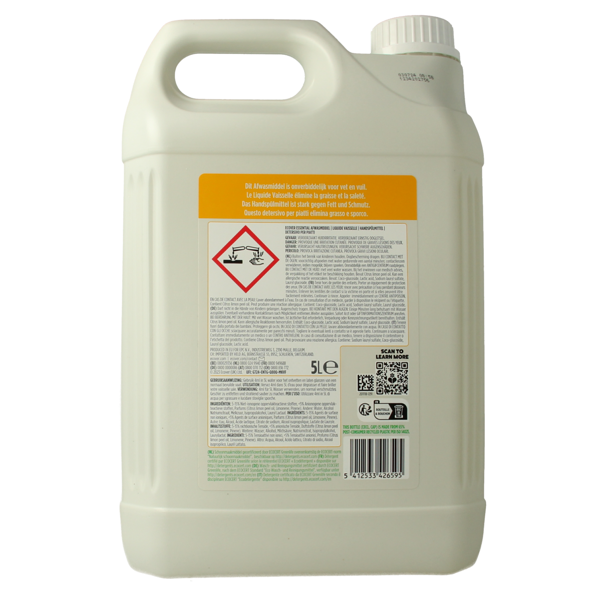 Ecover Essential lemon dish soap in a 5-liter bottle, eco-friendly dishwashing liquid for cleaning dishes and kitchenware.