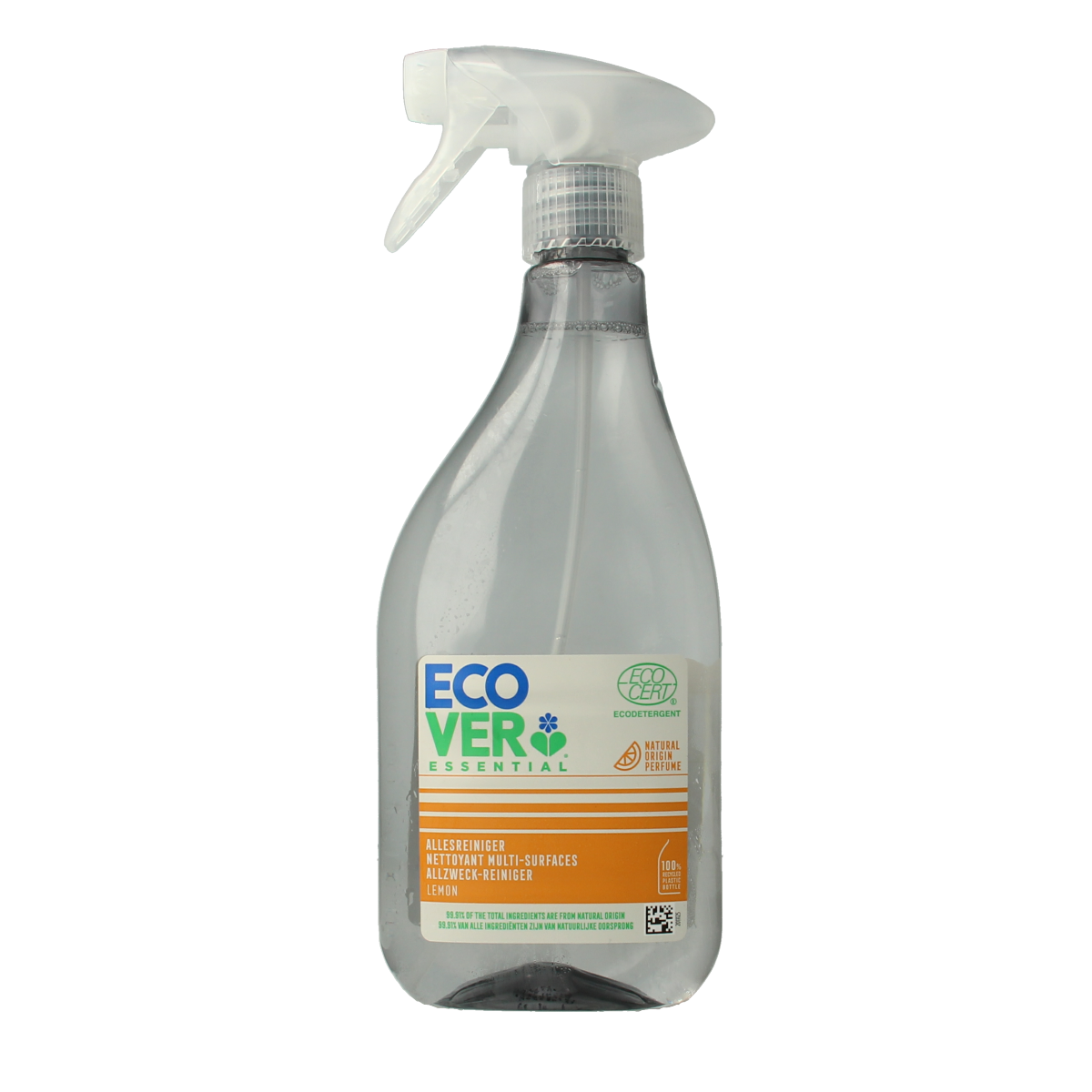Ecover Essential all-purpose cleaner spray in 500ml bottle, eco-friendly cleaning product for kitchen and bathroom surfaces.