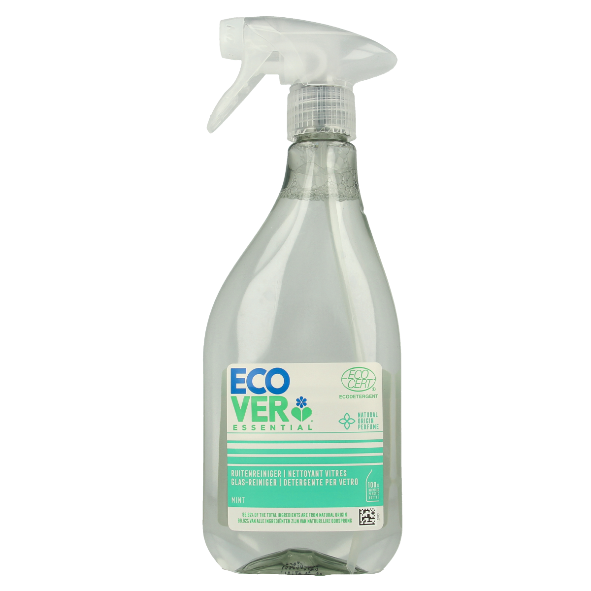 Ecover Essential window cleaner spray in 500ml bottle, natural cleaning product for glass and mirror surfaces.