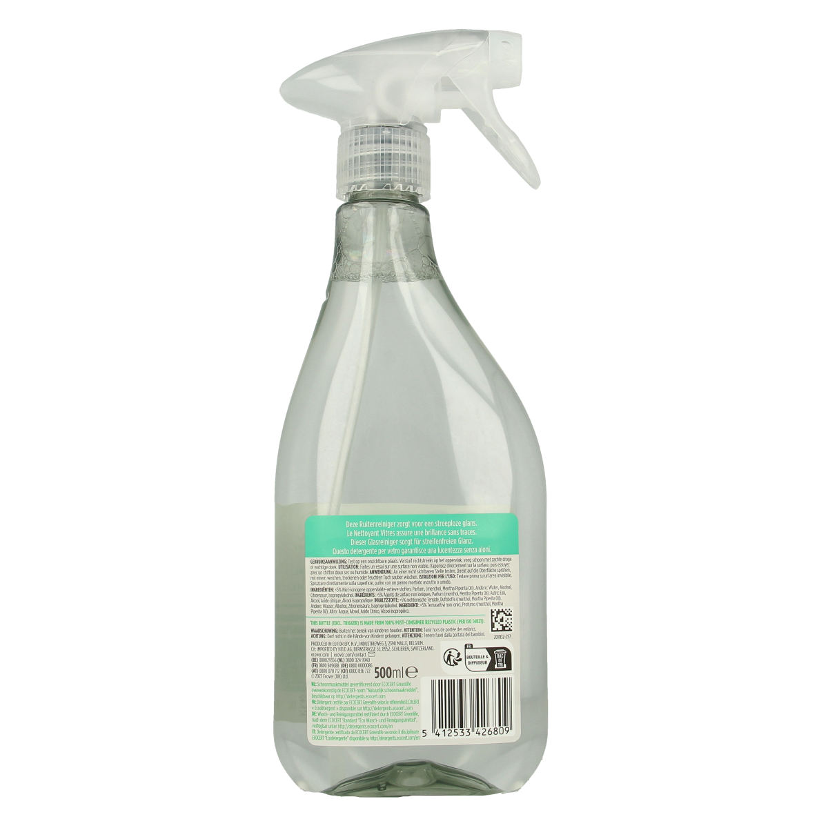 Ecover Essential window cleaner spray in 500ml bottle for streak-free glass and surface cleaning.