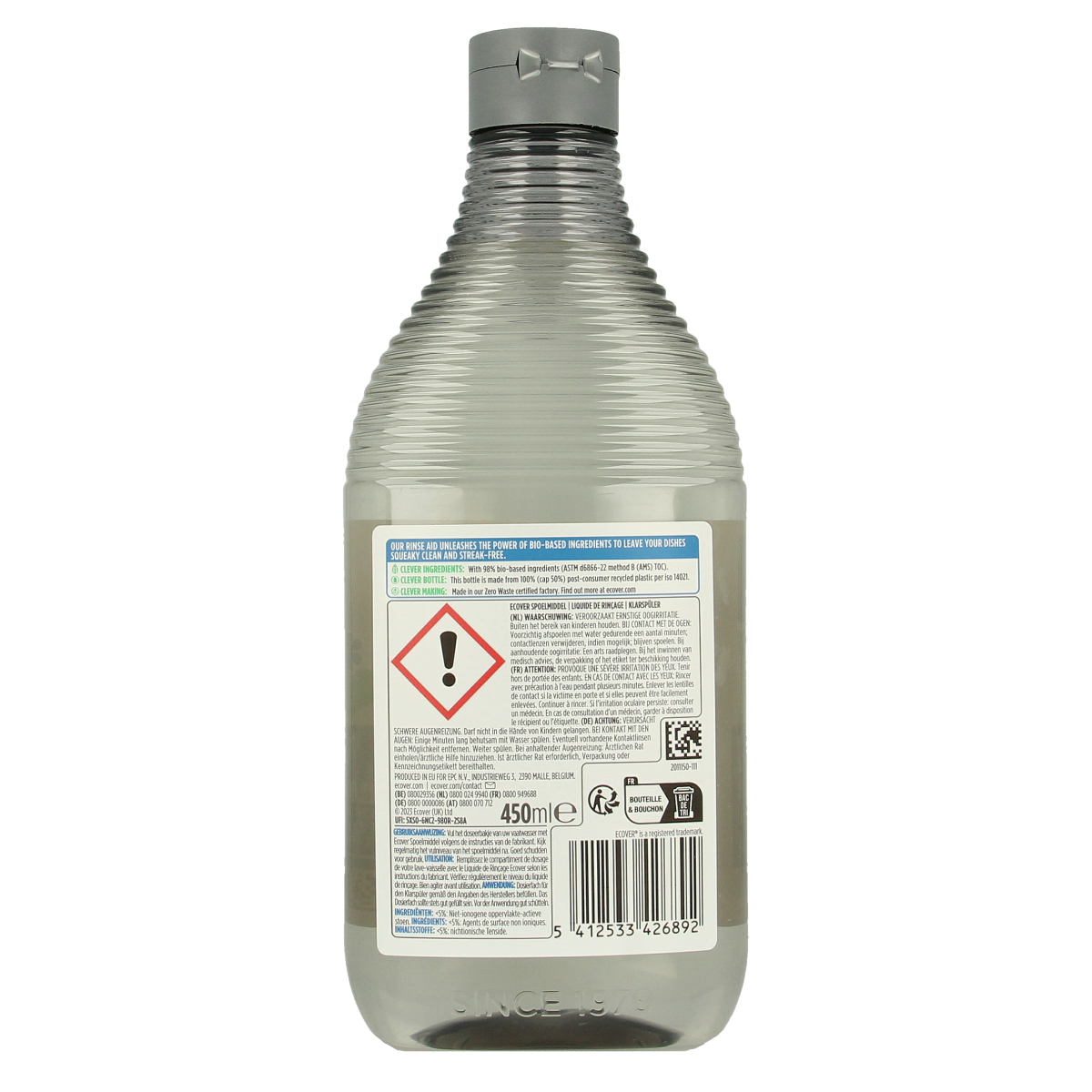 Ecover dishwashing liquid bottle, 450ml, eco-friendly afwasmiddel with a green label and pump dispenser on white background.