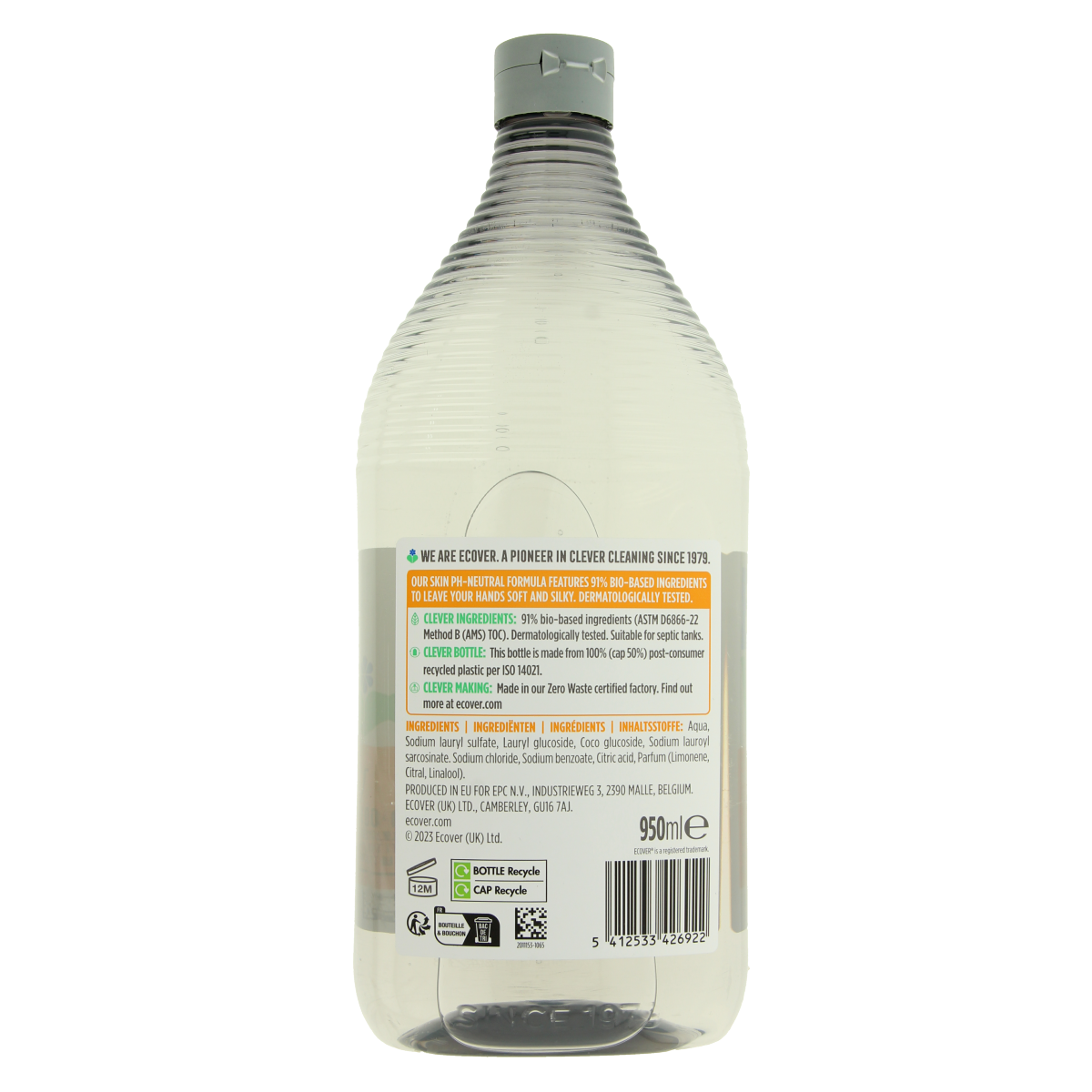 Ecover Essential citrus hand soap in 950ml bottle, natural hand care product with citrus scent, for gentle cleansing and moisturizing.