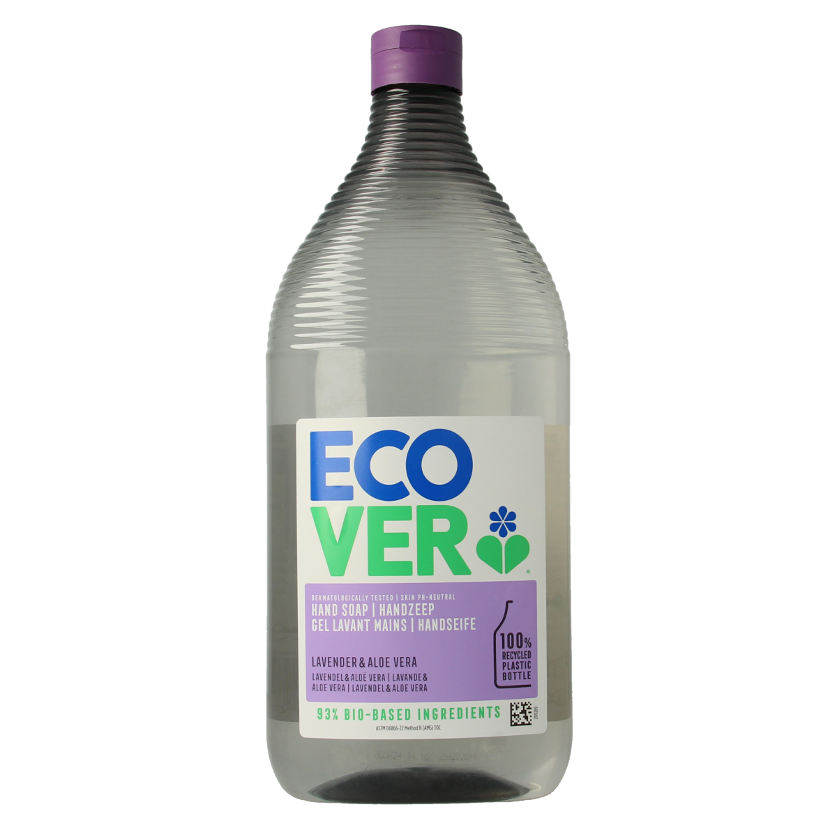 Ecover lavender hand soap in a 950ml pump bottle, featuring a clear liquid soap with lavender scent and branding on the label.