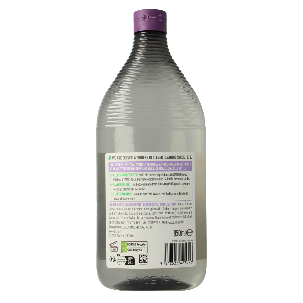 Ecover lavendel handzeep in 950ml pump bottle, lavender-scented liquid soap with natural ingredients, shown in the image.