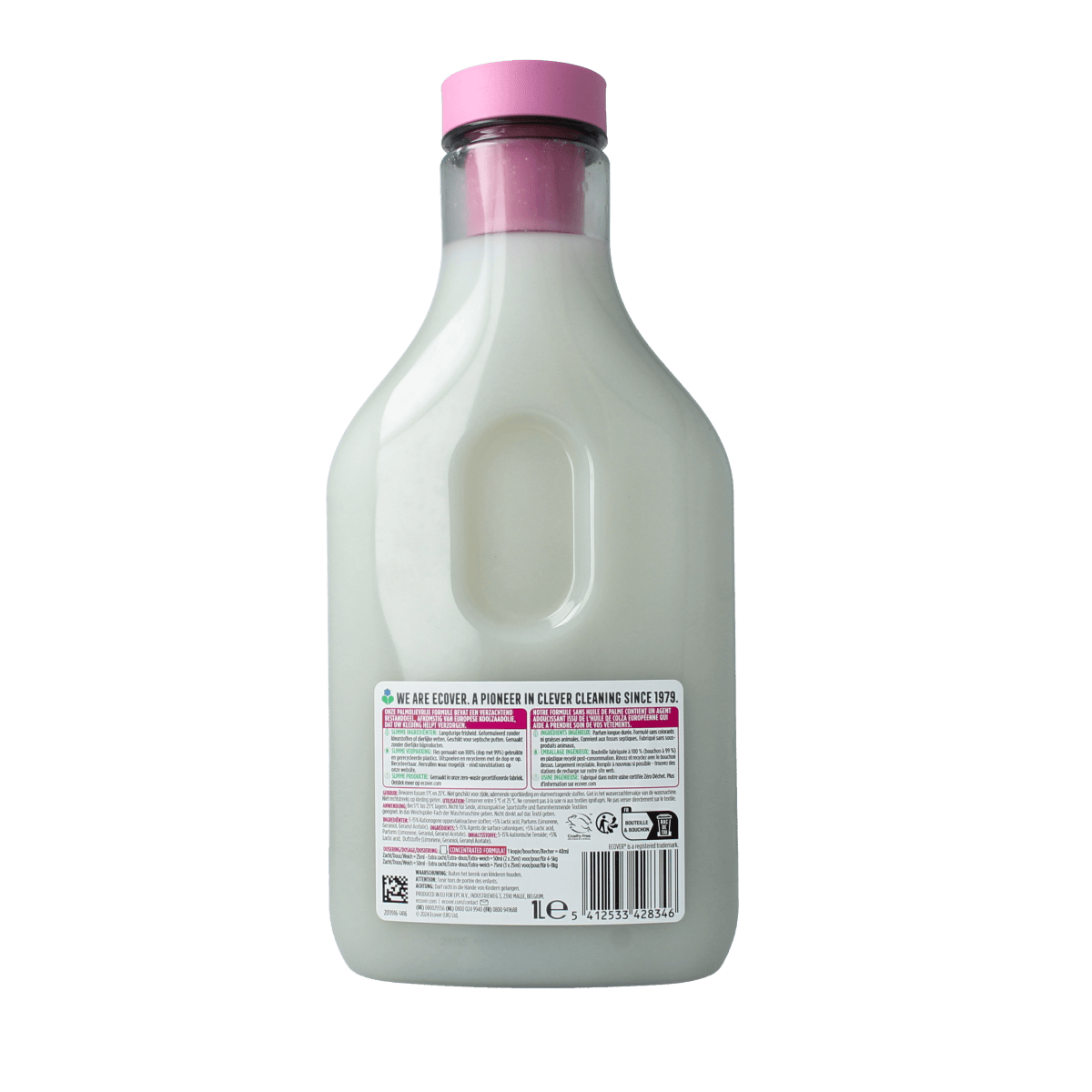 Ecover Wasverzachter concentrate with apple blossom and almond scent in a 1-liter bottle, for soft, fragrant laundry.
