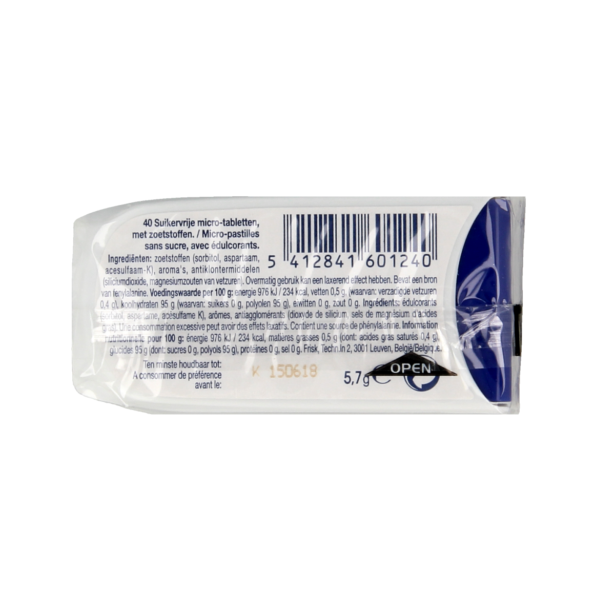 Frisk Peppermint snoepgoed in 5.70 gram package, showing colorful peppermint candies with branding and packaging details.