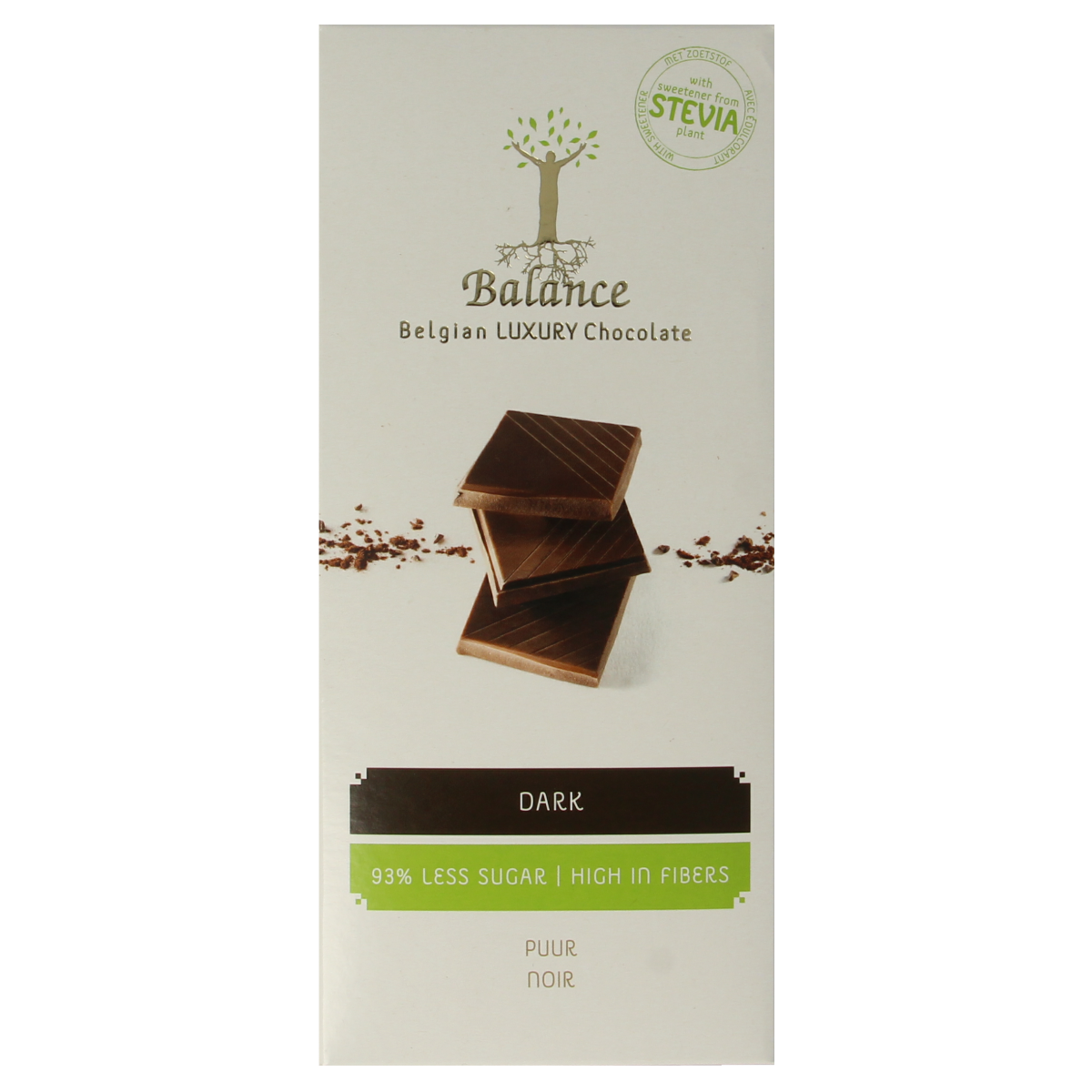 Balance Choco Stevia tablet luxury pure chocolate, 85g, showcasing smooth, dark chocolate pieces with a rich, indulgent appearance.