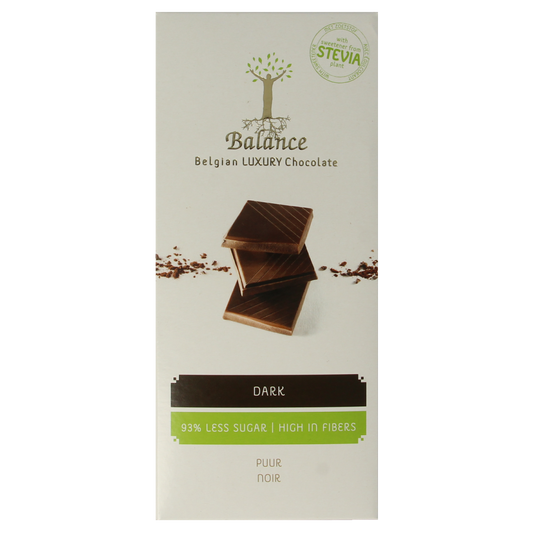 Balance Choco Stevia tablet luxury pure chocolate, 85g, showcasing smooth, dark chocolate pieces with a rich, indulgent appearance.