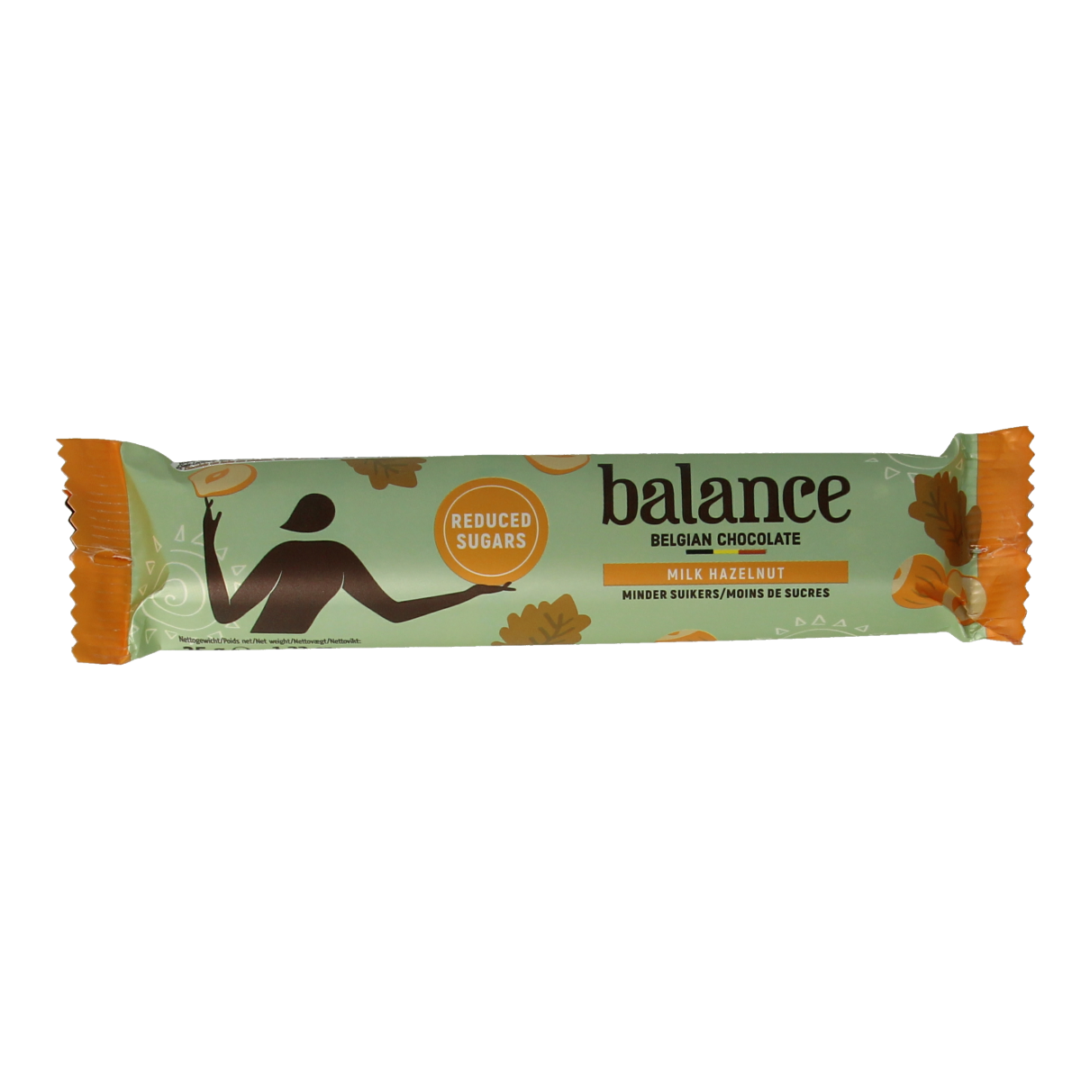 Balance Choco Stevia Reep with Milk and Hazelnuts, 35g, showing a chocolate bar with hazelnuts and smooth milk chocolate.