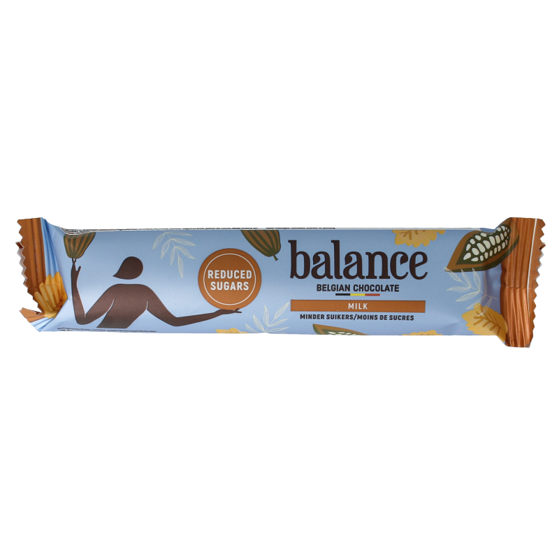 Balance Chocolade reep melk 35g, milk chocolate bar with smooth texture, shown in the image.