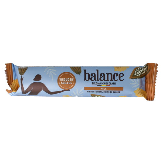 Balance Chocolade reep melk 35g, milk chocolate bar with smooth texture, shown in the image.