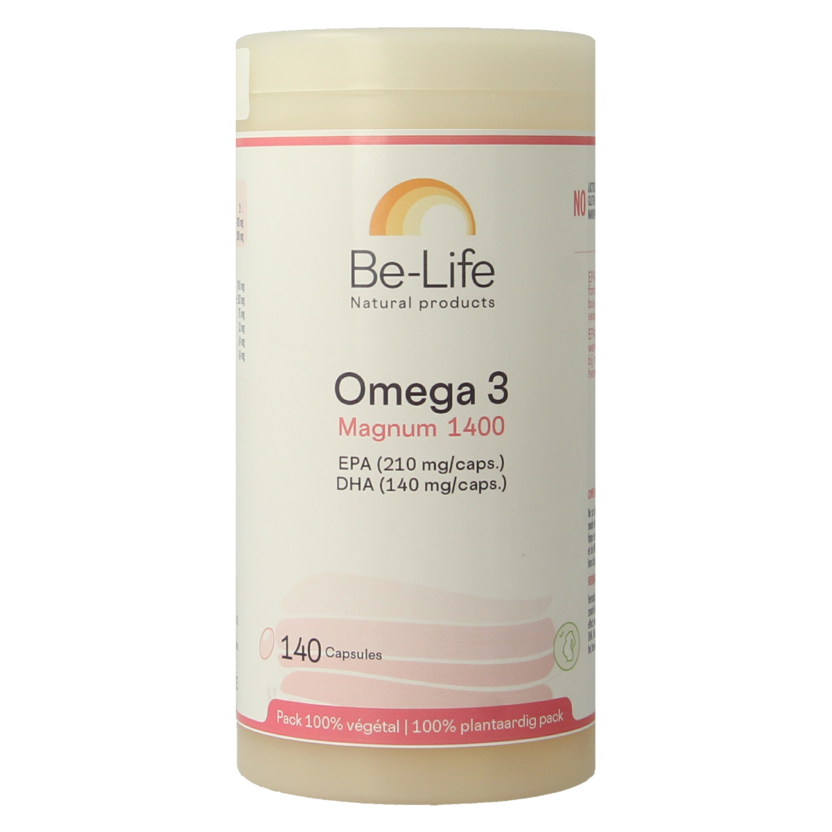Be-Life Omega 3 Magnum 1400 Vetzuren capsules in a clear bottle with a white label and green accents.