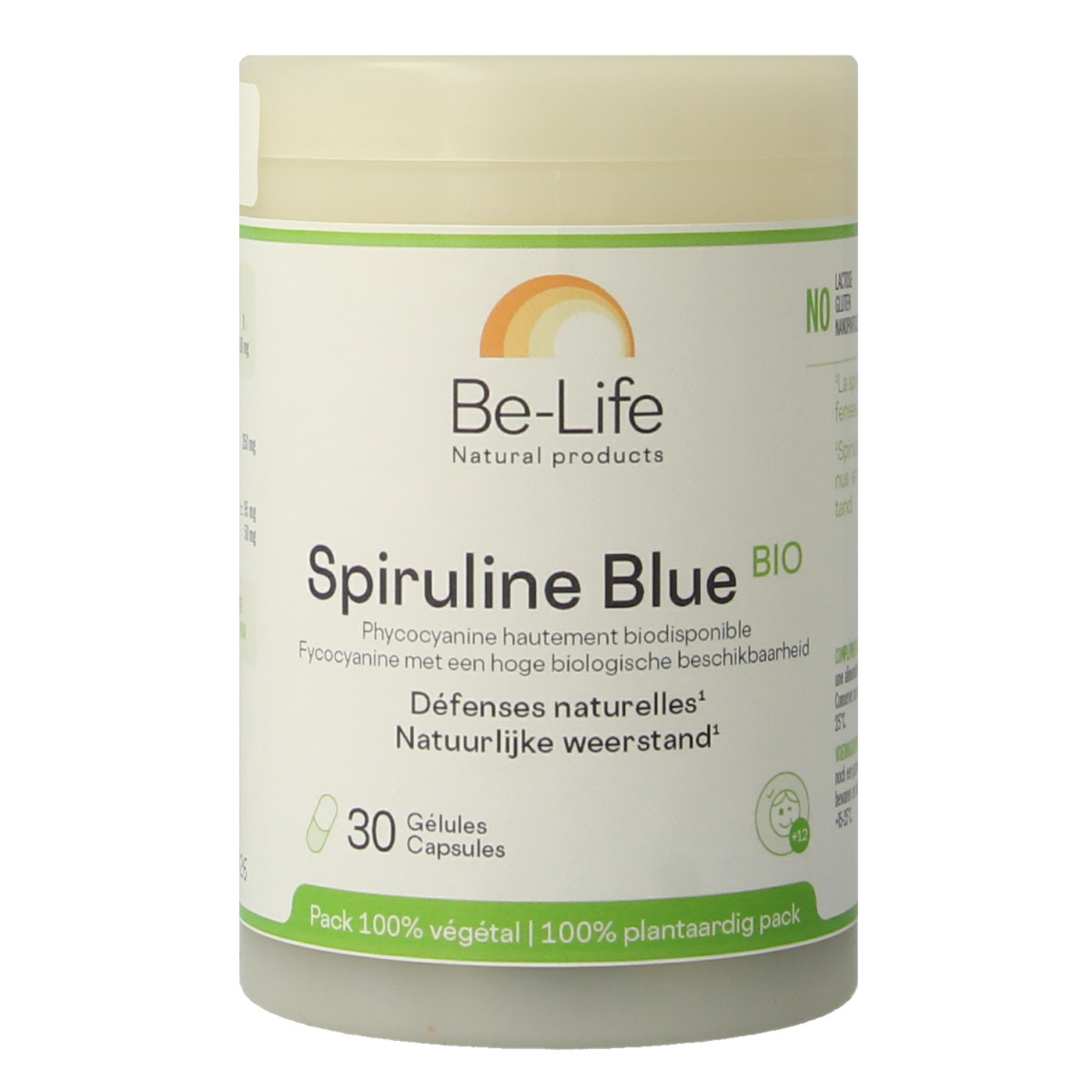 Be-Life Blauwe spirulina bio capsules, organic blue-green algae supplement in a clear container with a white label.