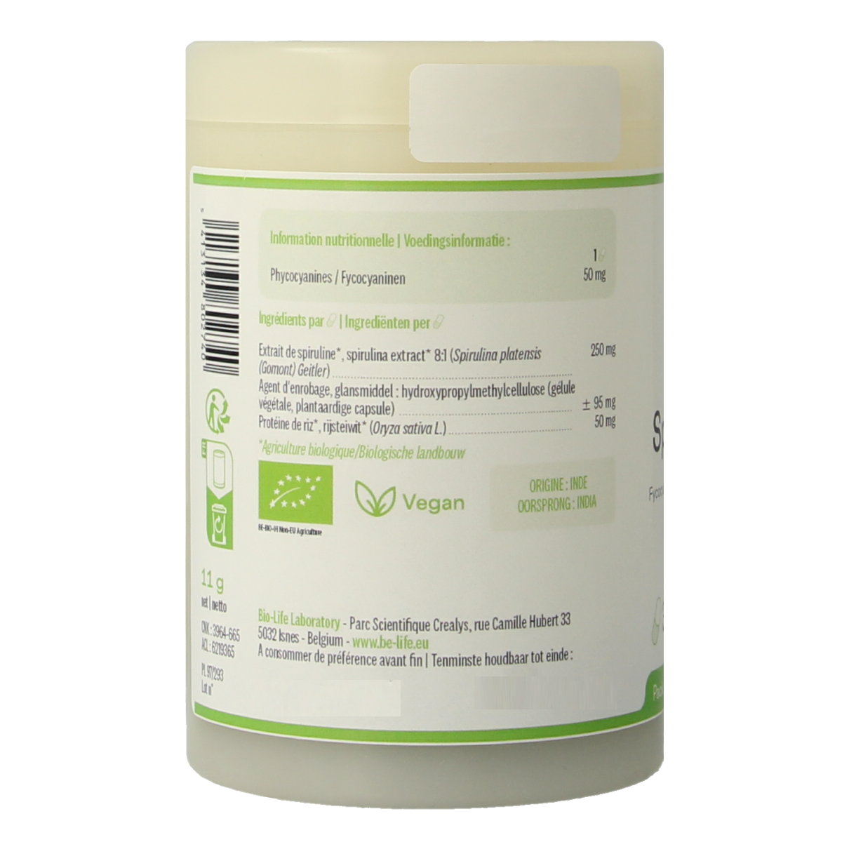 Be-Life Blauwe spirulina bio capsules, organic herbal supplement in a clear container with blue lid, showing capsules inside.