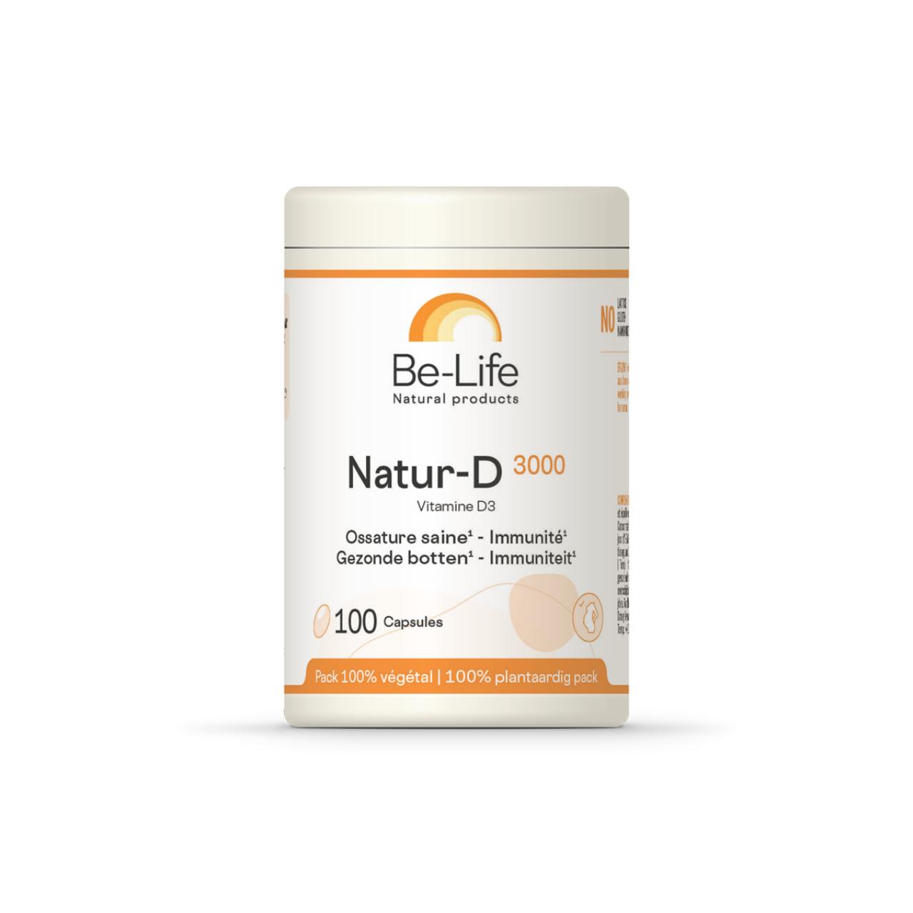 Be-Life Natur-D 3000 vitamin D3 capsules, 100-count, natural supplement for immune support and bone health.
