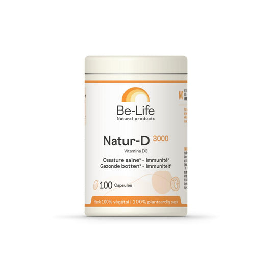 Be-Life Natur-D 3000 vitamin D3 capsules, 100-count, natural supplement for immune support and bone health.