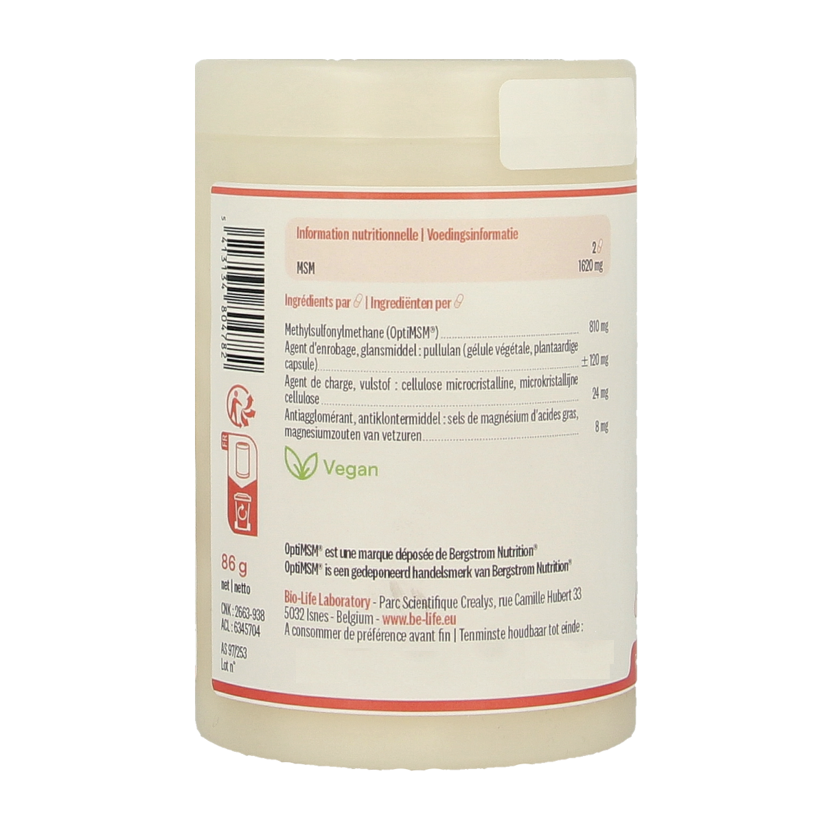 Be-Life Opti-MSM capsules, herbal supplement, 90-count bottle, clear label with product details on the container