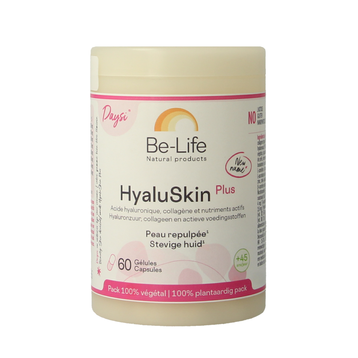 Be-Life Hyaluskin Plus softgels, multi-vitamin supplement with hyaluronic acid, in a white bottle with 60 softgels inside.