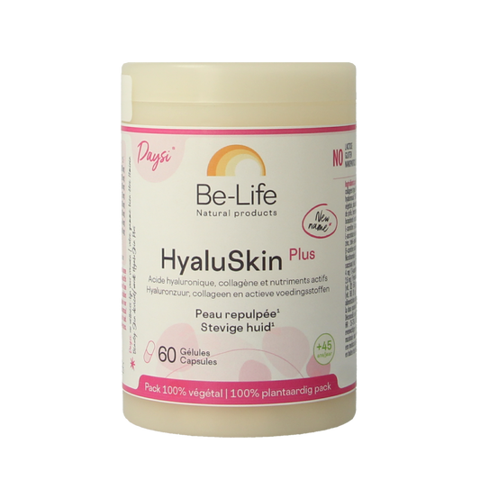 Be-Life Hyaluskin Plus softgels, multi-vitamin supplement with hyaluronic acid, in a white bottle with 60 softgels inside.