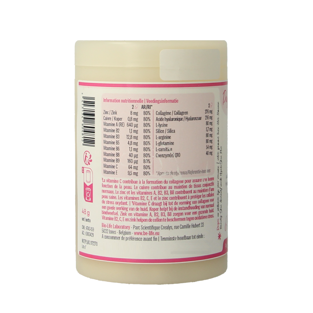 Be-Life Hyaluskin Plus softgels, a multi-vitamin supplement with hyaluronic acid for skin health, shown in a bottle with softgel capsules.