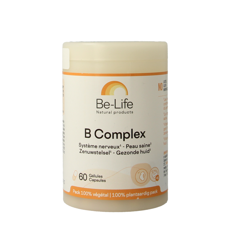 Be-Life B complex multivitamin capsules in a white bottle with colorful label, designed for supporting energy and overall health.