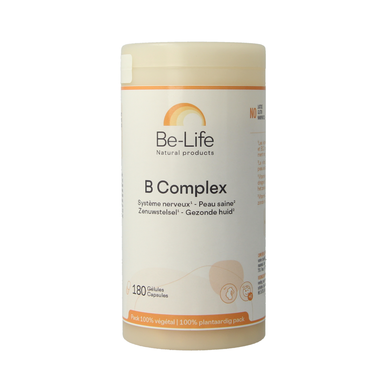Be-Life B complex multivitamin capsules in a bottle, dietary supplement for energy and overall health.