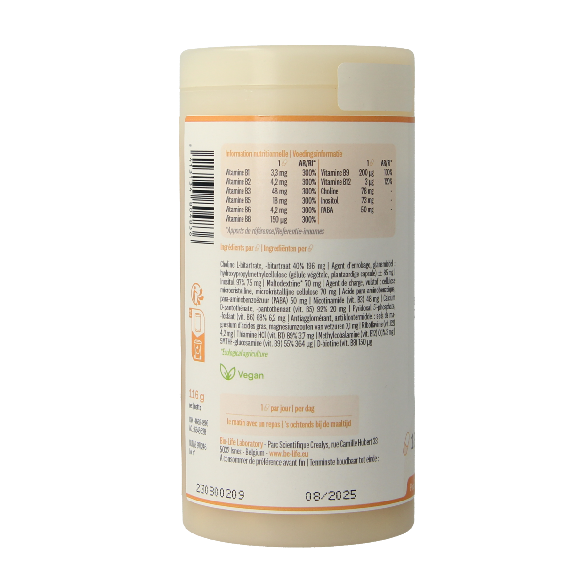 Be-Life B complex multivitamine capsules, 180 count, showing the supplement bottles with label details.