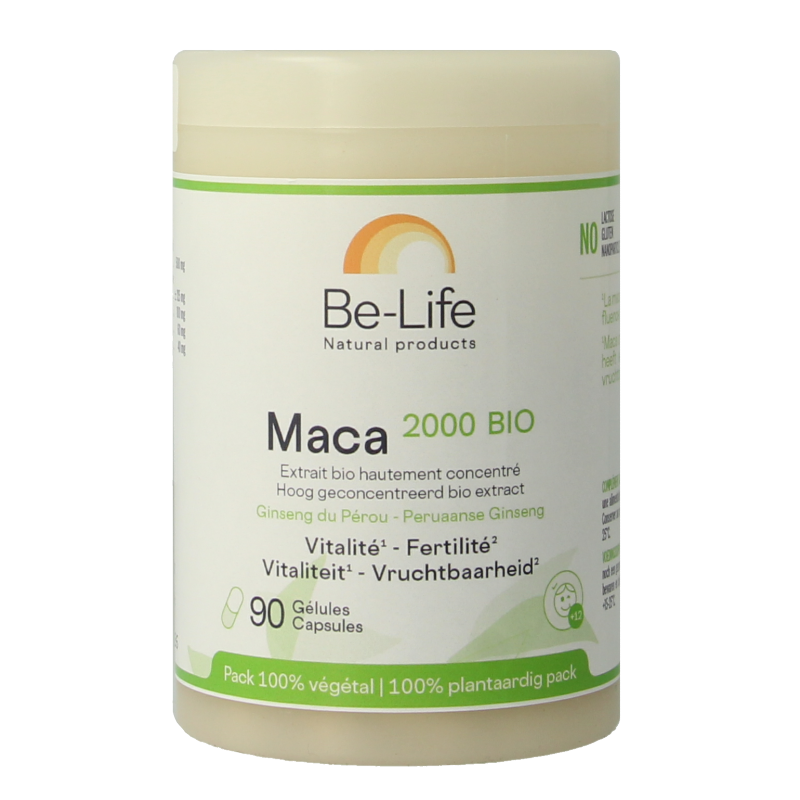 Be-Life Maca 2000 bio mineral capsules, 90-count, showing the supplement bottle with label and capsules inside.