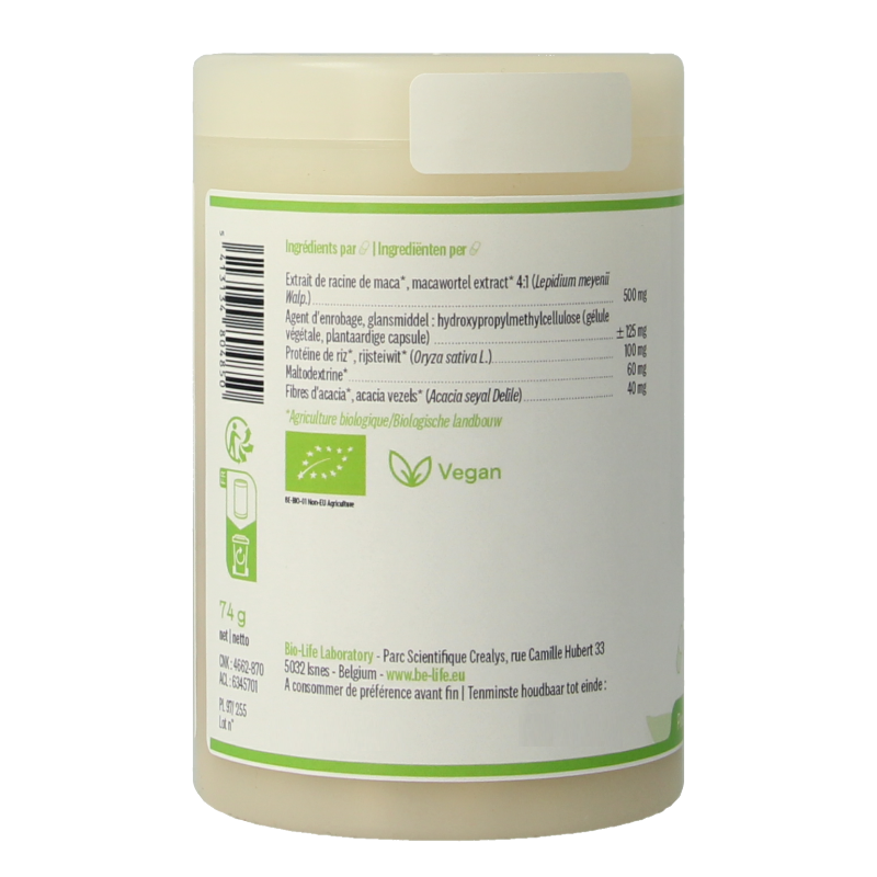 Be-Life Maca 2000 bio mineral supplement in a bottle of 90 capsules with label showing product details.