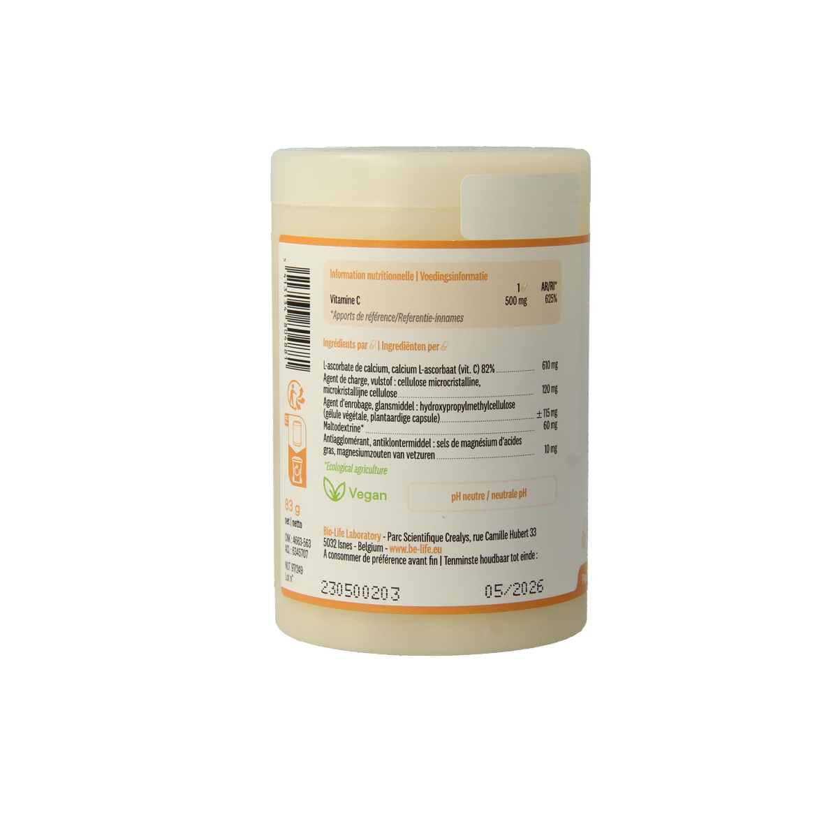 Be-Life Vitamine C 500 neutral capsules, 90-count, softgel supplement for immune support and antioxidant health.