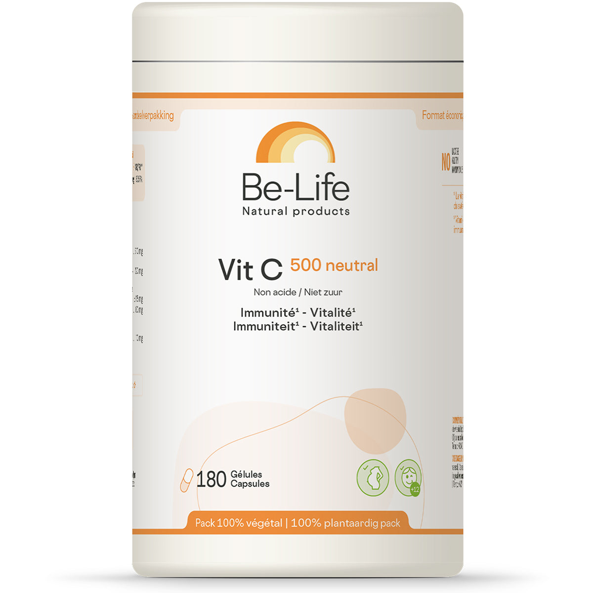 Be-Life Vitamine C 500 neutral multi capsules, 180 count, featuring white capsules in a clear bottle.